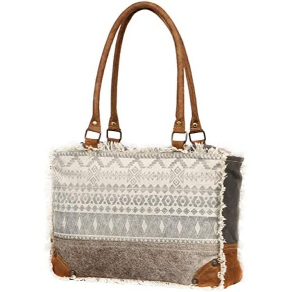 🆕 hobo aztec ivory leather top handle upcycled cowhide canvas crossbody NWT - Picture 2 of 7